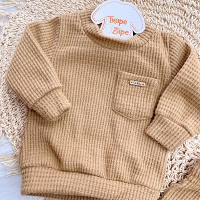 Conj. Casaco Malha Wafle e Calça - Caramelo